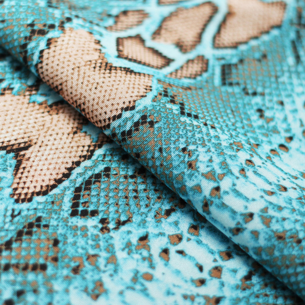 Snake Skin Nylon Spandex Fabric - Pink/Orange/Turquoise/Tan Snake Print, 58/60" Width, 320 GSM (1 Yard)