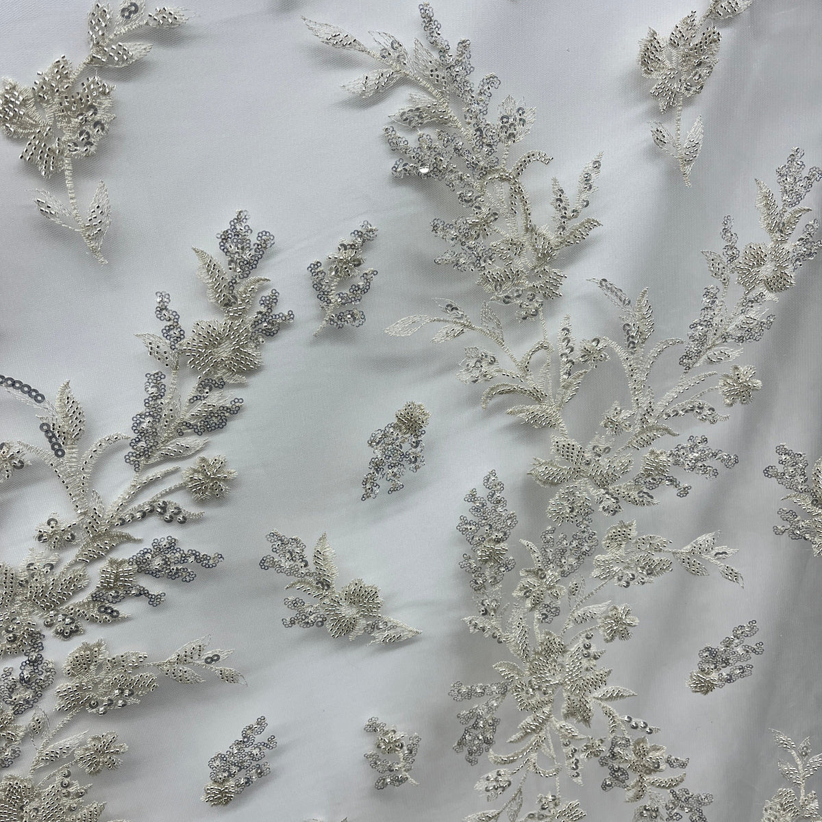 1 Yard Elegant Beaded & Corded Lace Trim on 100% Polyester Mesh, Floral Embroidered Lace Fabric