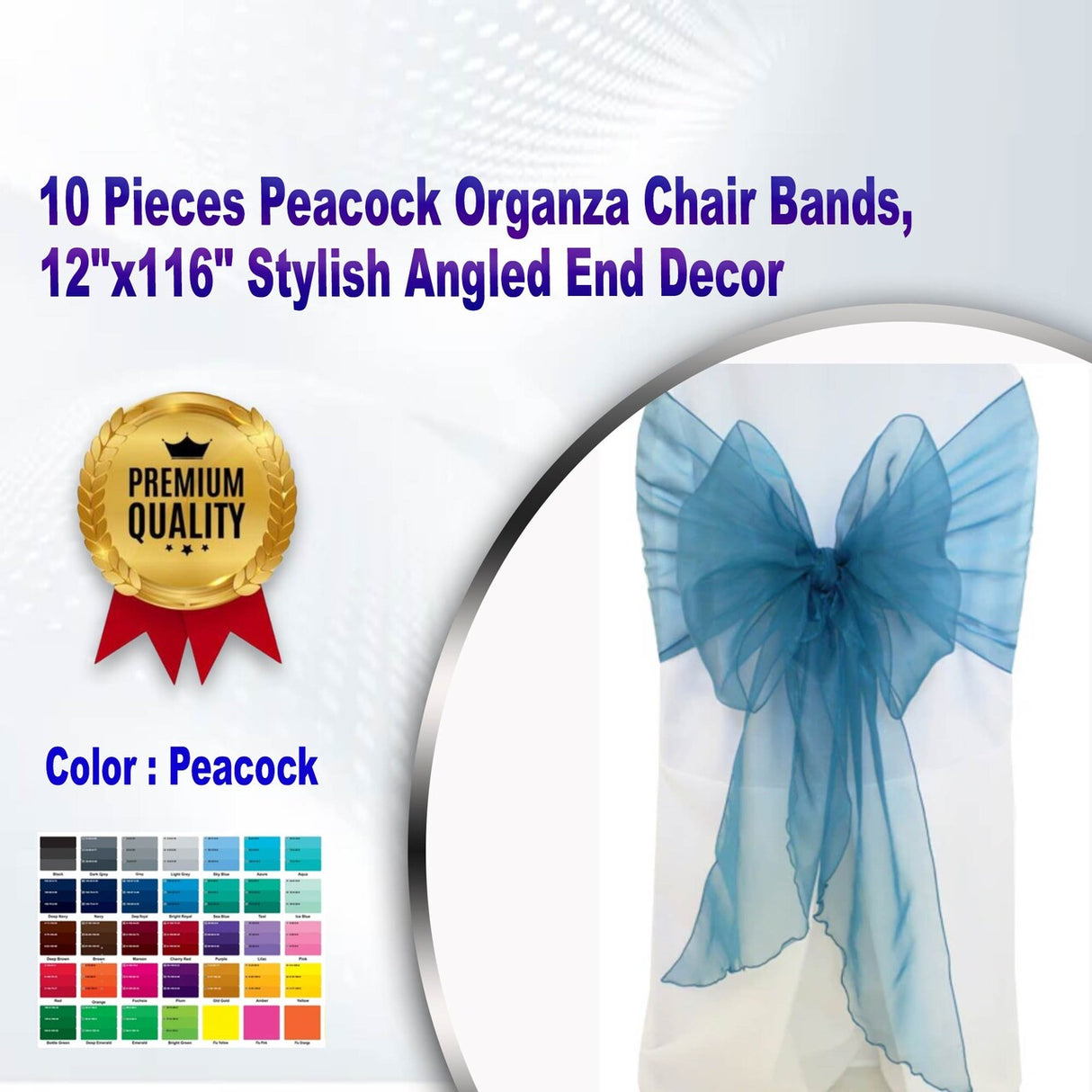 10 Pieces Peacock Organza Chair Bands, 12"x116" Stylish Angled End Decor