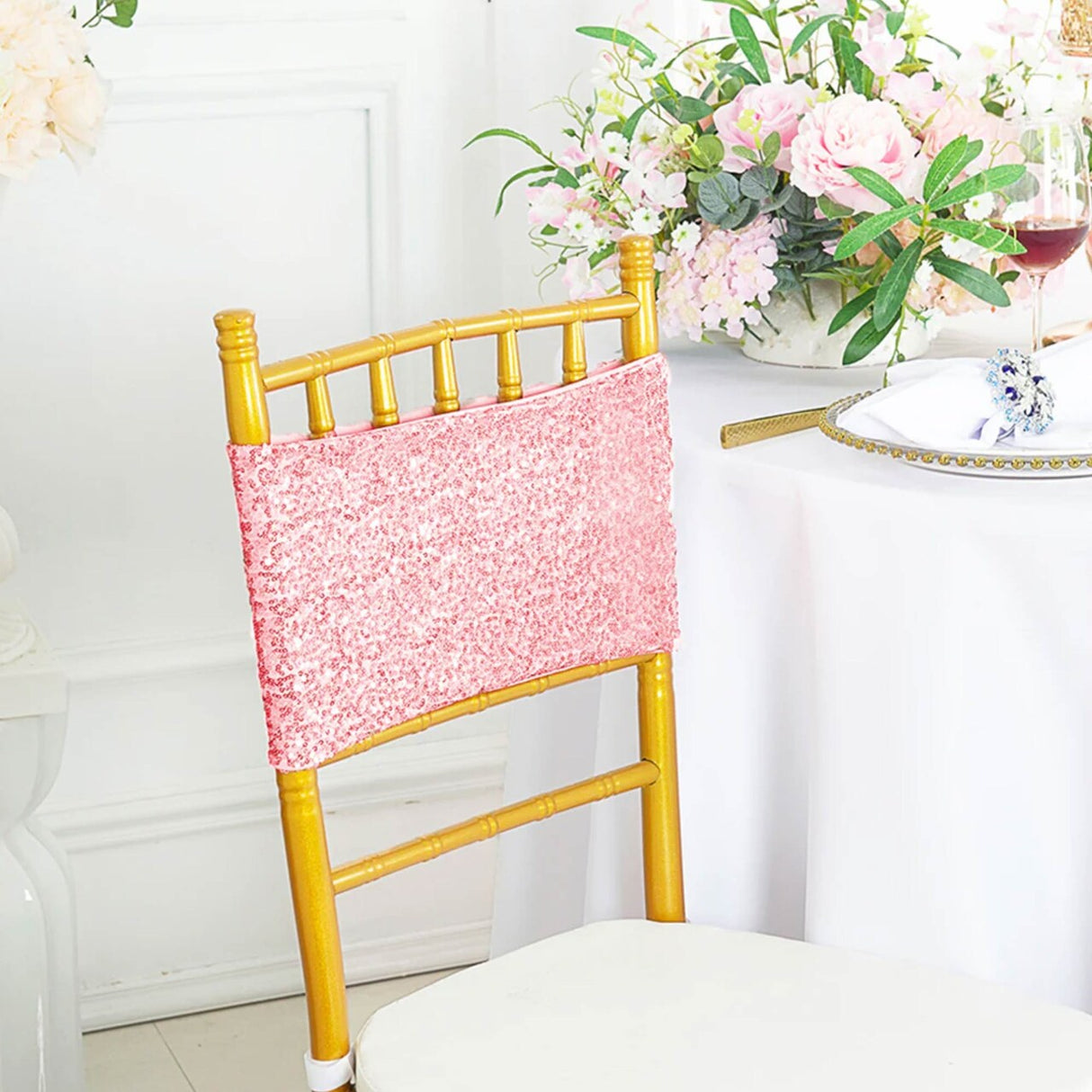 10 Pieces Sparkling Pink Sequin Stretch Spandex Chair Bands 7 x 13 Inches