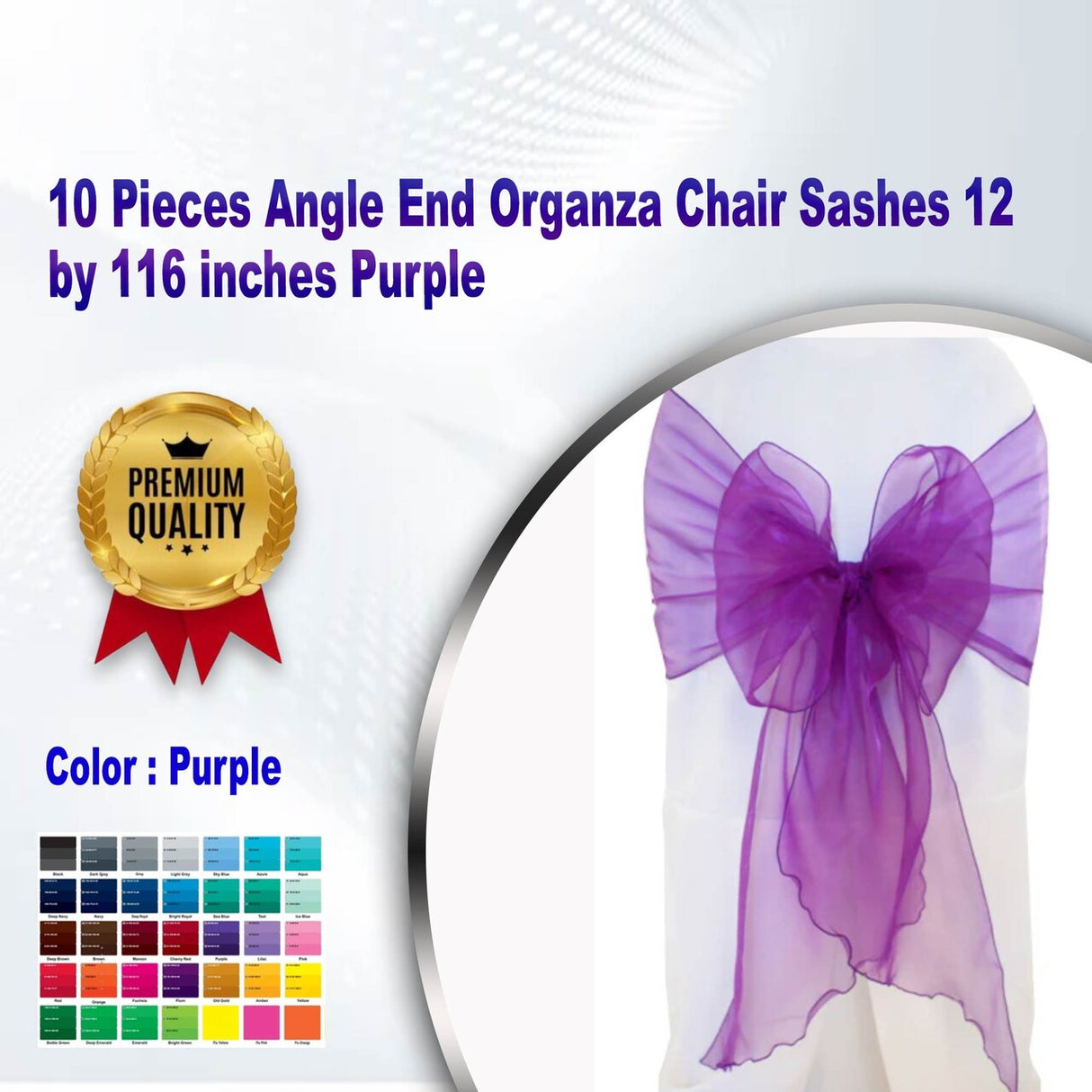 10 Pieces Angle End Organza Chair Sashes 12 by 116 inches Purple