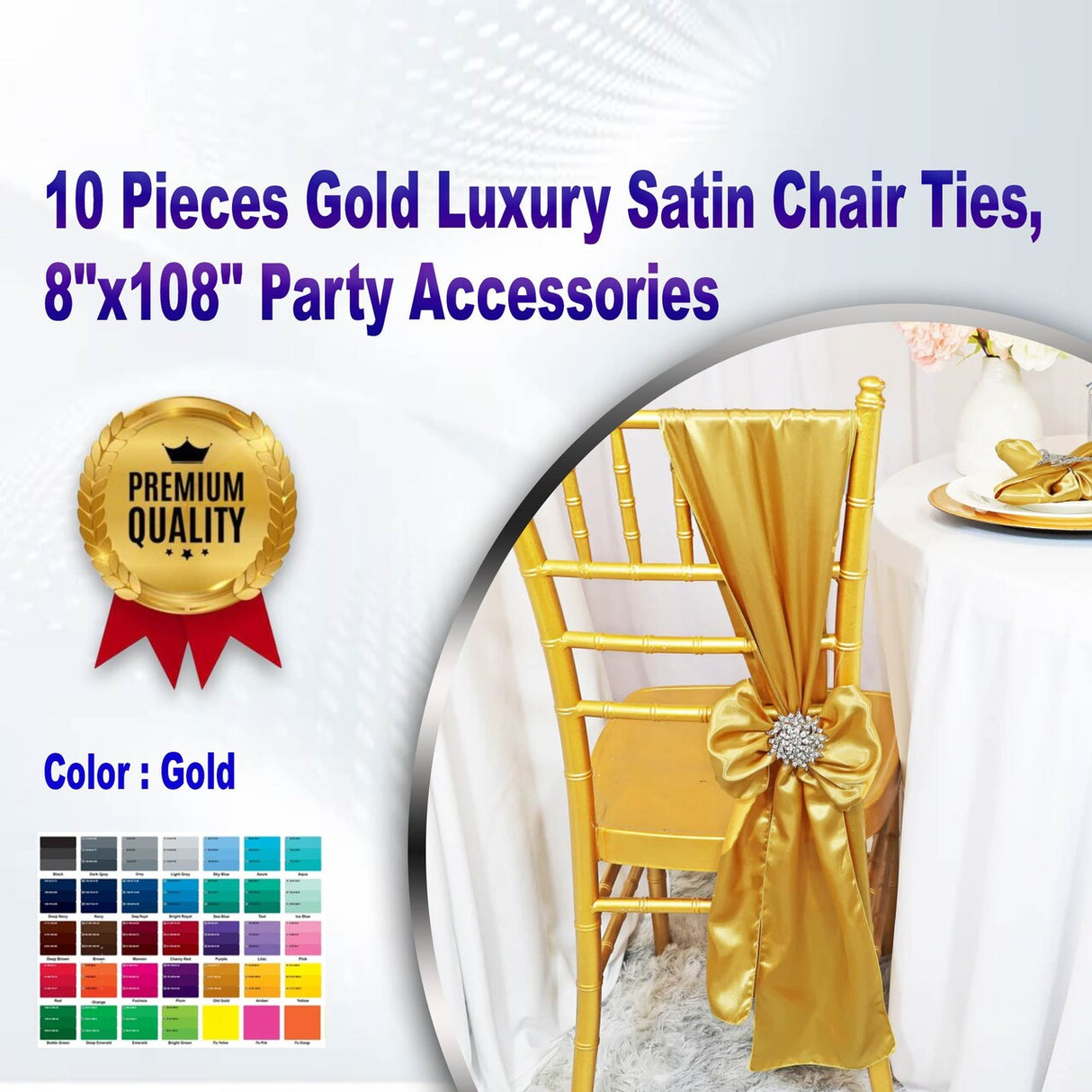 10 Pieces Gold Luxury Satin Chair Ties, 8"x108" Party Accessories
