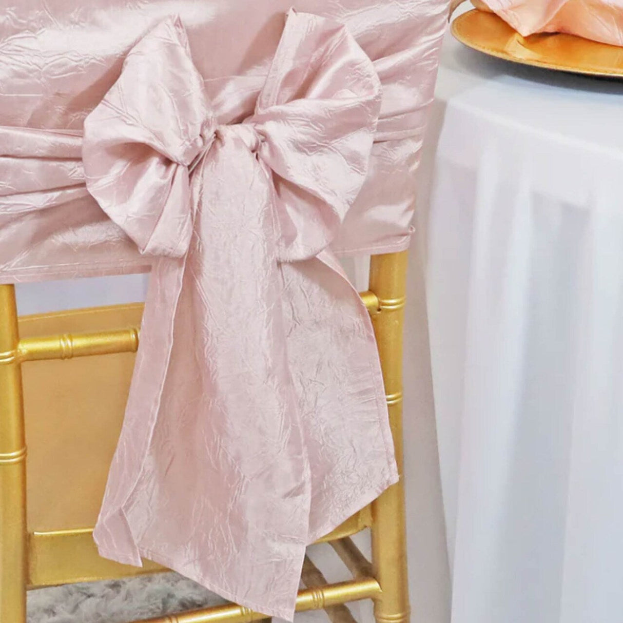 10 Pieces Blush Pink or Rose Gold Crushed Taffeta Chair Wraps 9.5"x108" Elegant Bands