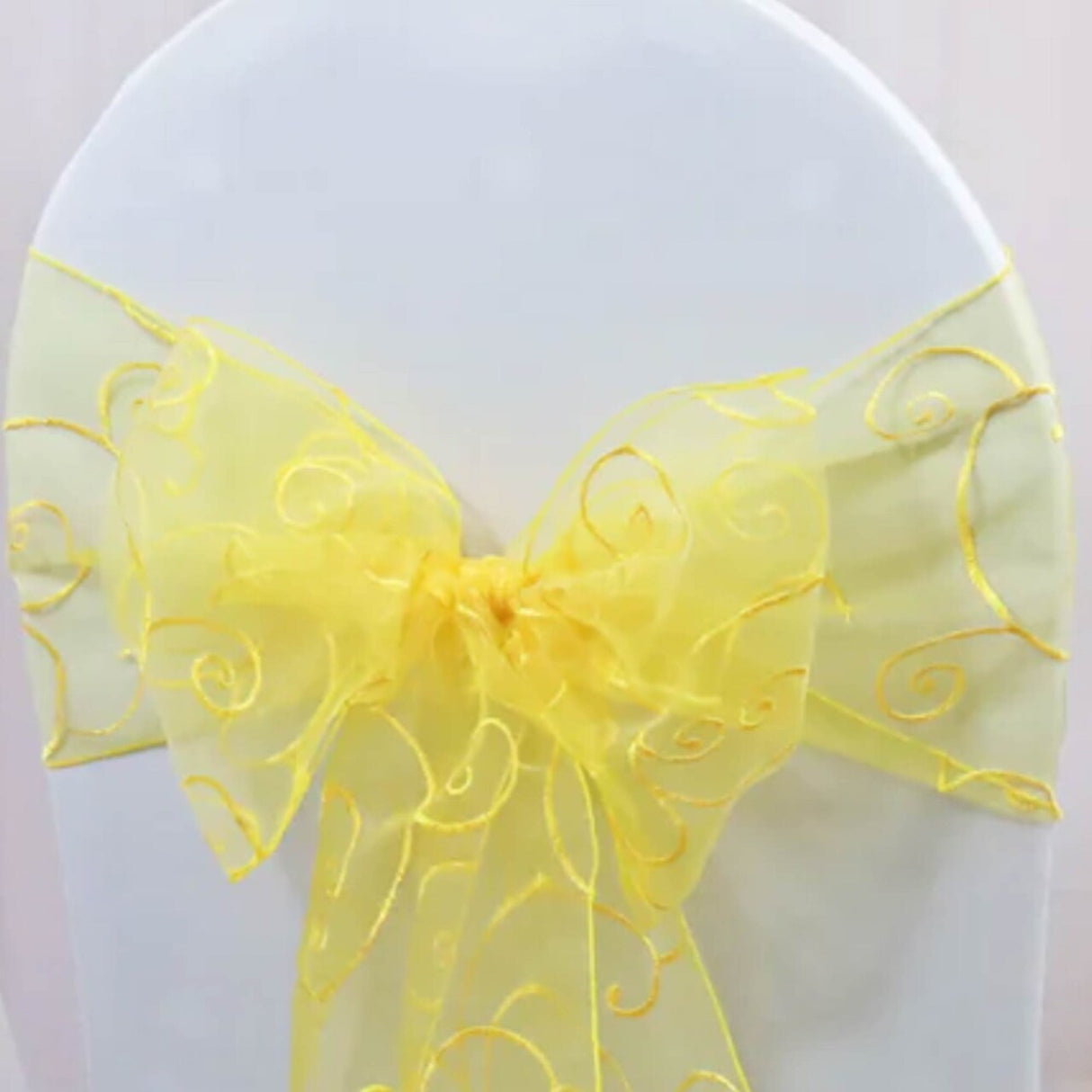 10 Pieces Canary Yellow Embroidered Organza Chair Sashes, Sheer 8"x108" Elegant Decor