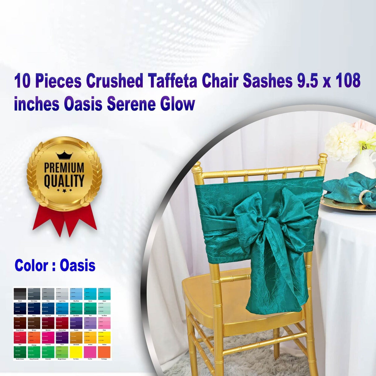 10 Pieces Crushed Taffeta Chair Sashes 9.5 x 108 inches Oasis Serene Glow