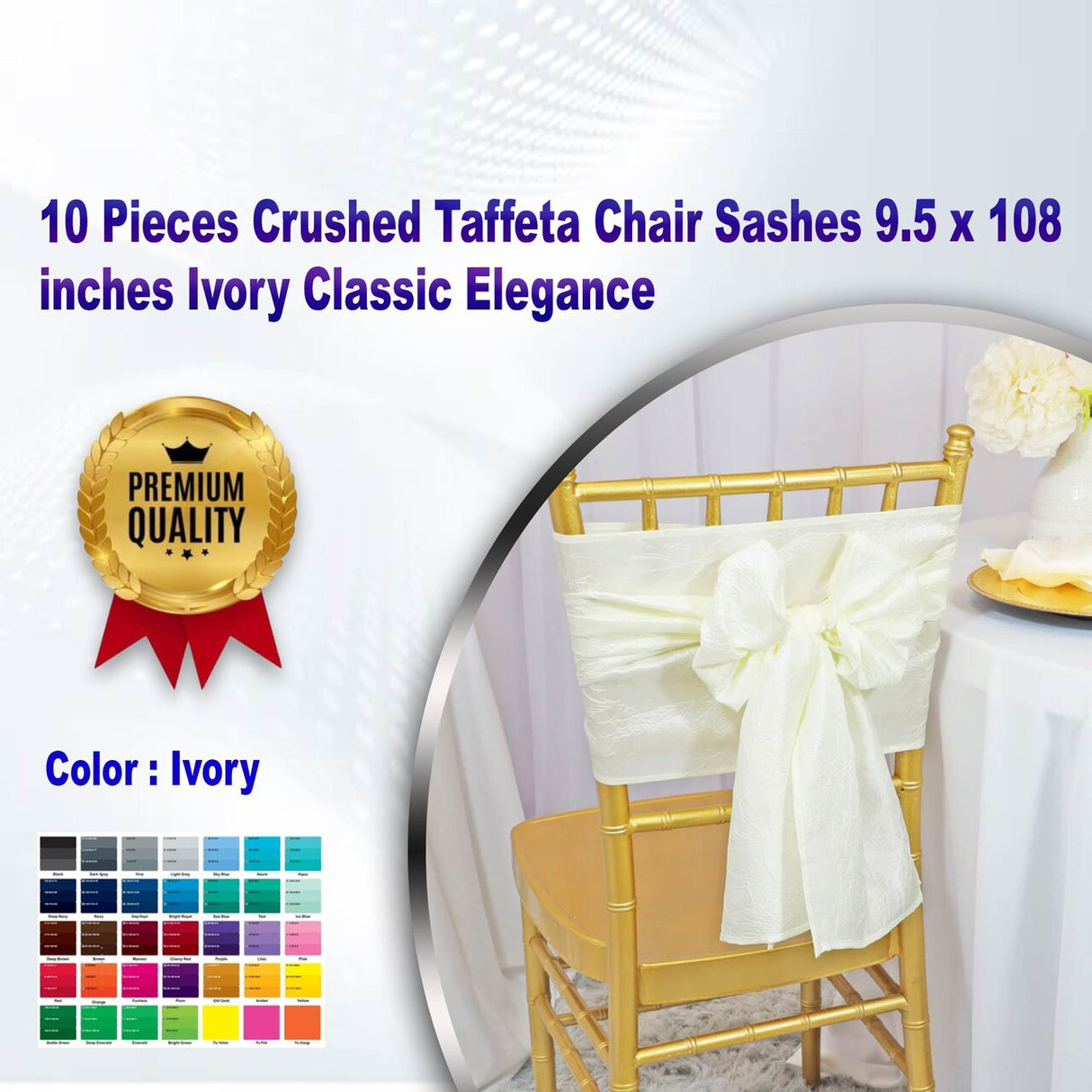10 Pieces Crushed Taffeta Chair Sashes 9.5 x 108 inches Ivory Classic Elegance