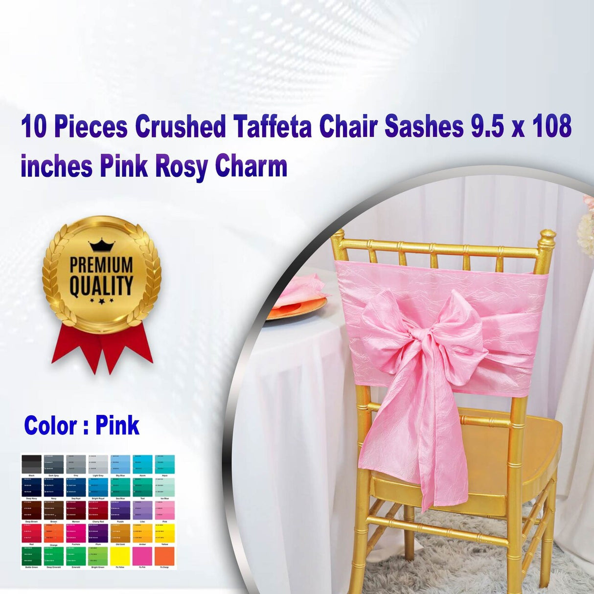 10 Pieces Crushed Taffeta Chair Sashes 9.5 x 108 inches Pink Rosy Charm