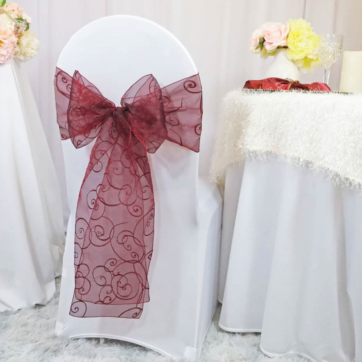 10 Pieces Burgundy Elegant Embroidered Organza Chair Sashes 8"x108" for Special Events