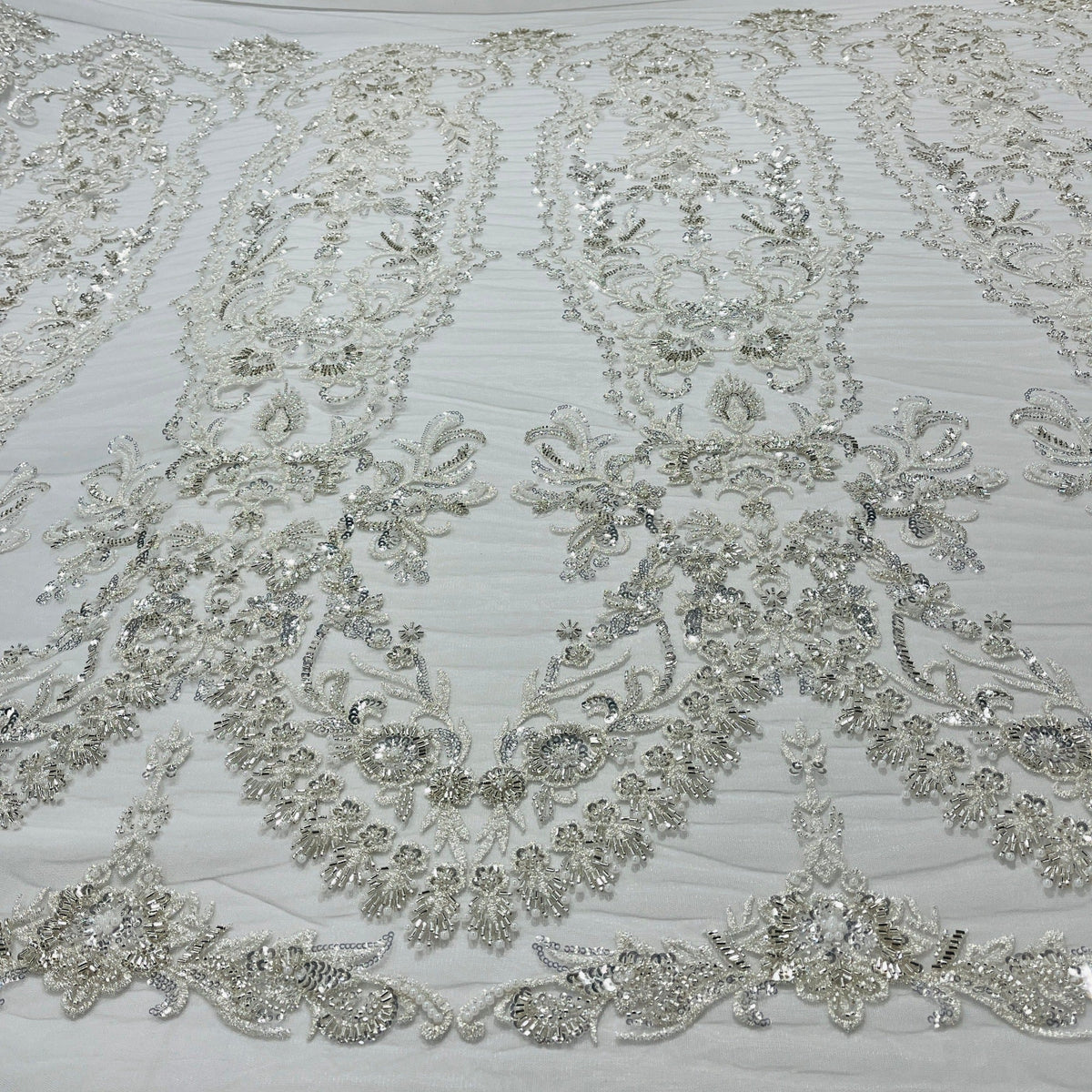 1 Yard Beaded Lace Fabric Embroidered on 100% Polyester Net Mesh, Elegant Sheer Textile for Dressmaking