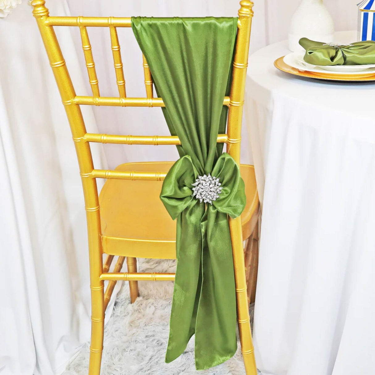 10 Pieces Moss Green Satin Chair Strips, 8"x108" Sophisticated Event Decorations