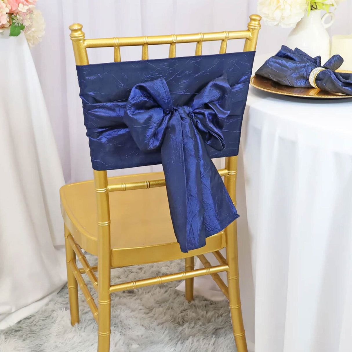 10 Pieces Navy or Blue Crushed Taffeta Chair Sashes 9.5x108" Royal Elegance