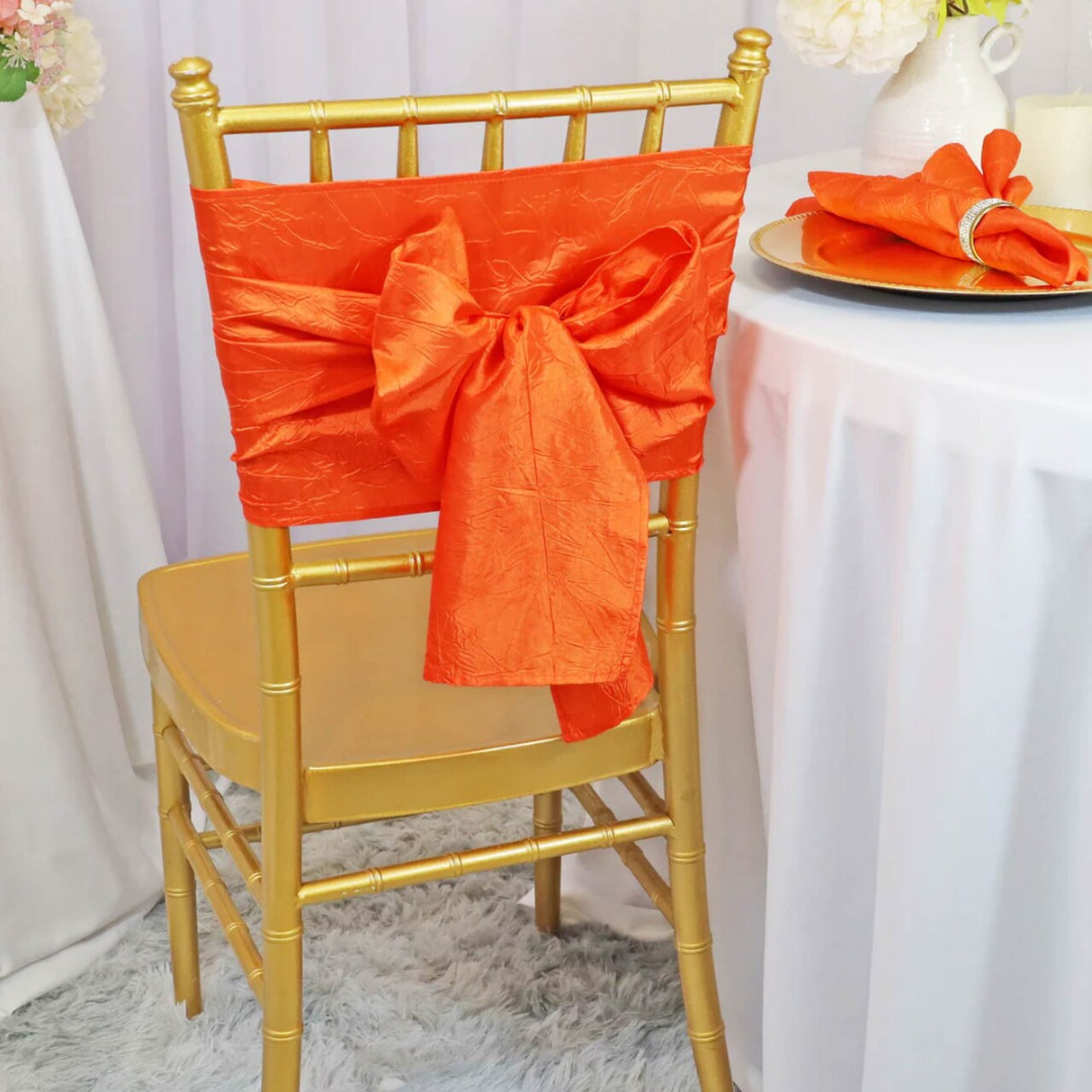 10 Pieces Crushed Taffeta Chair Sashes 9.5 x 108 inches Orange Vibrant Charm