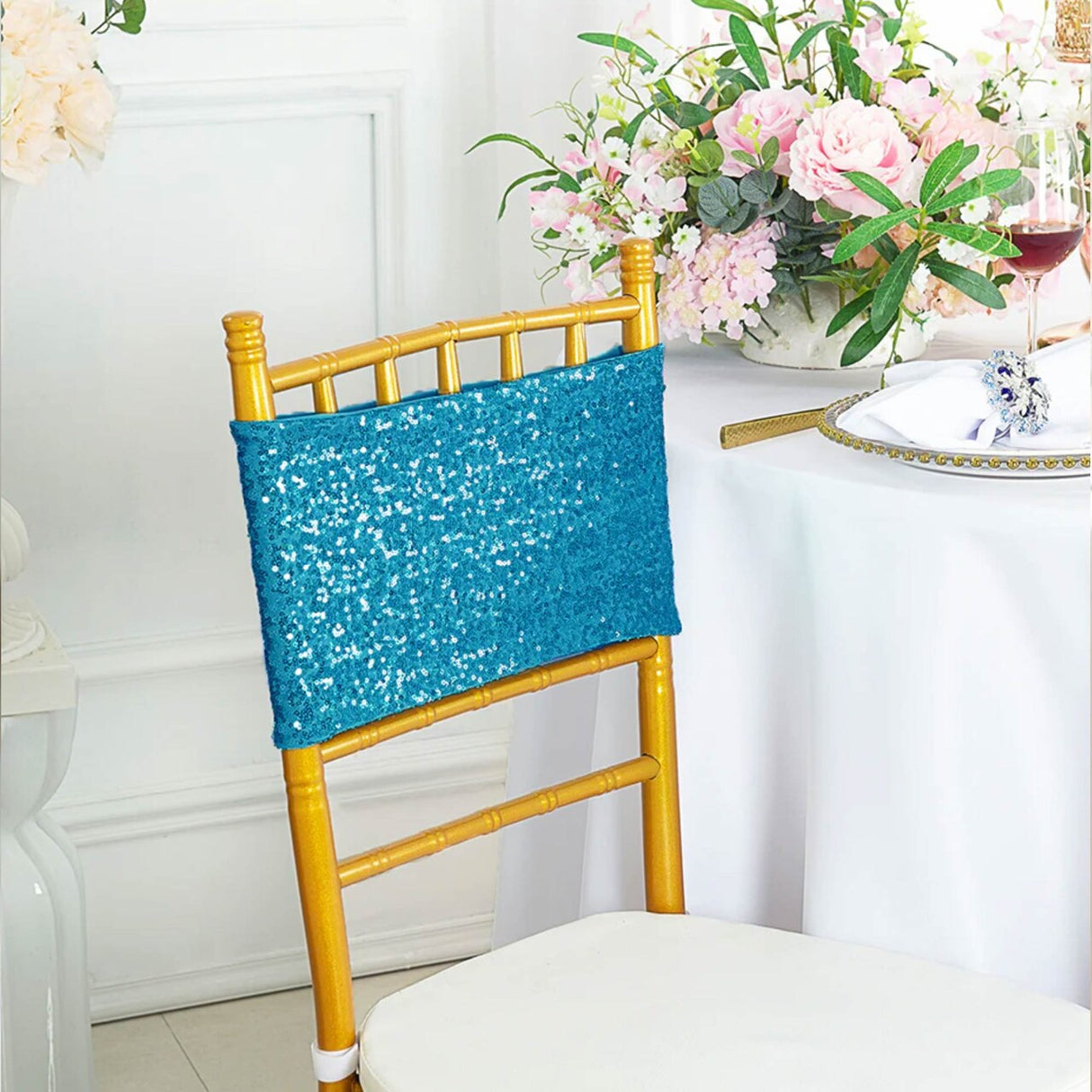 10 Pieces Shimmering Turquoise Sequin Spandex Chair Bands 7 x 13 Inches