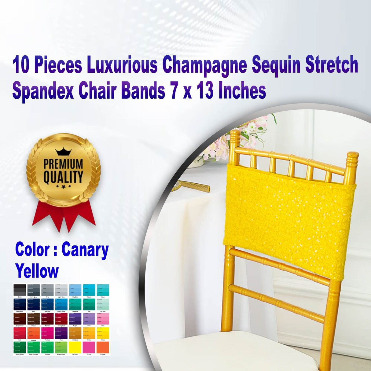 10 Pieces Luxurious Champagne Sequin Stretch Spandex Chair Bands 7 x 13 Inches