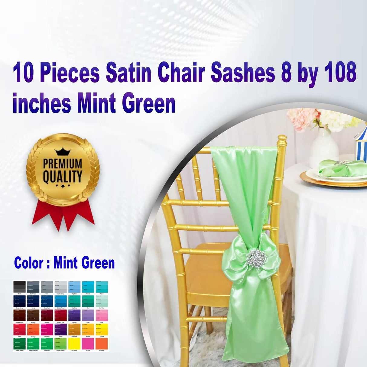 10 Pieces Satin Chair Sashes 8 by 108 inches Mint Green