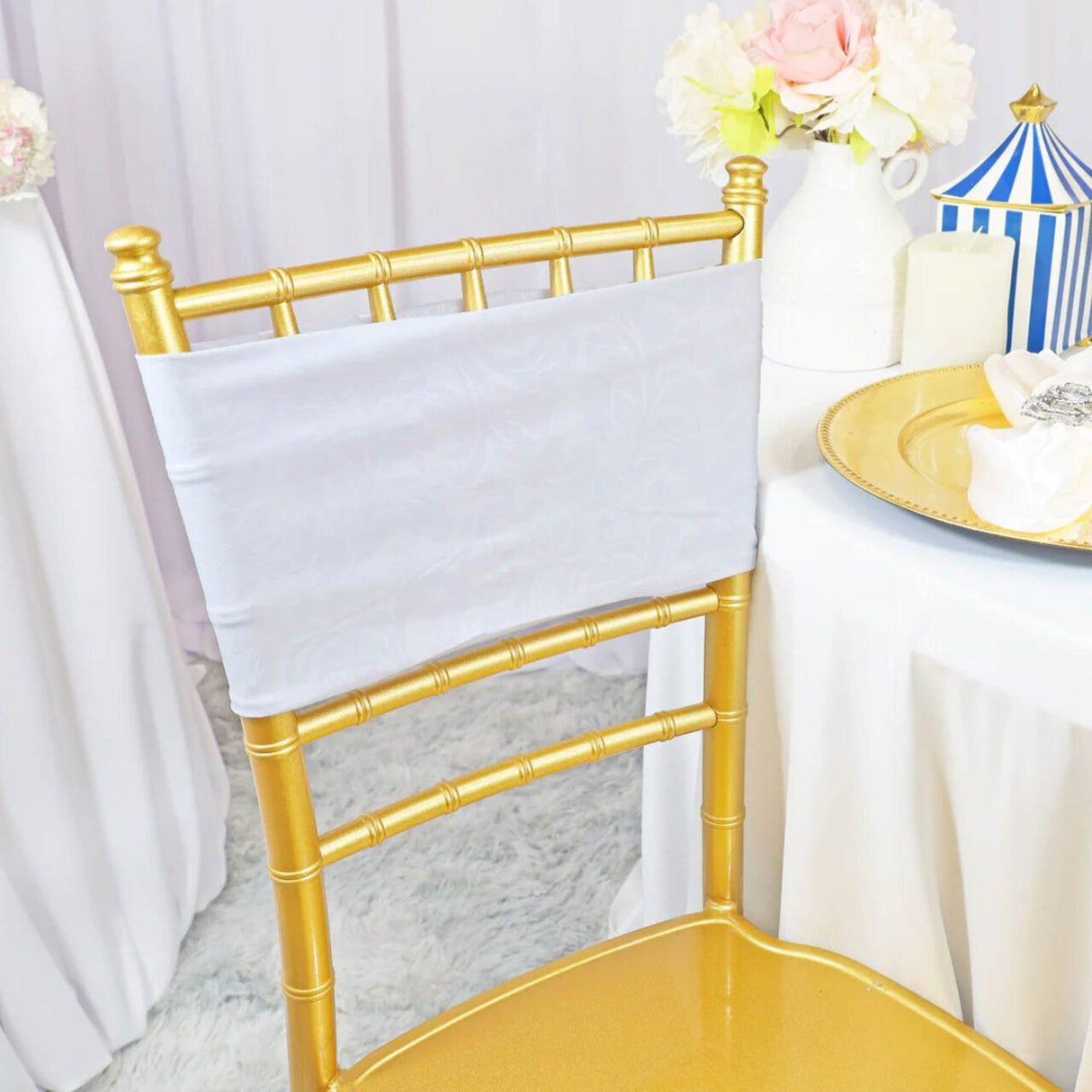 10 Pieces White Embossed Spandex Chair Bands 7.5"x13" Durable Banquet Decor