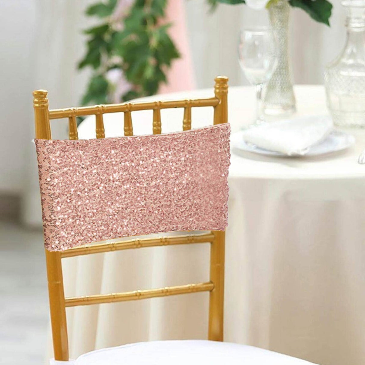 10 Pieces Elegant Blush Pink Or Rose Gold Sequin Stretch Spandex Chair Bands 7 x 13 Inches