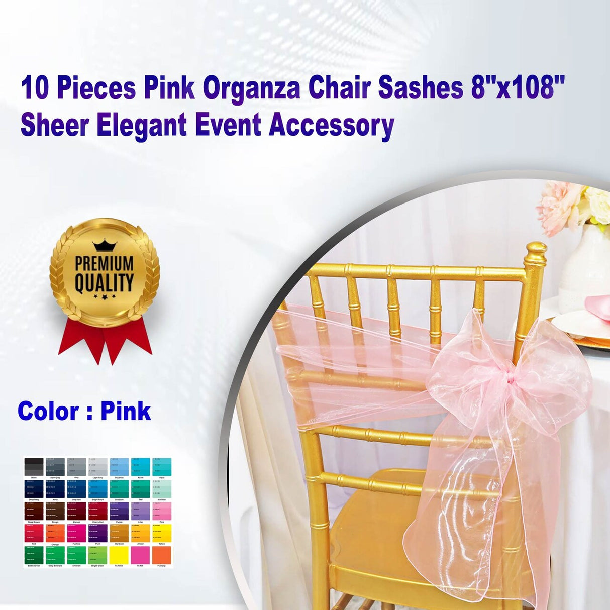 10 Pieces Pink Organza Chair Sashes 8"x108" Sheer Elegant Event Accessory
