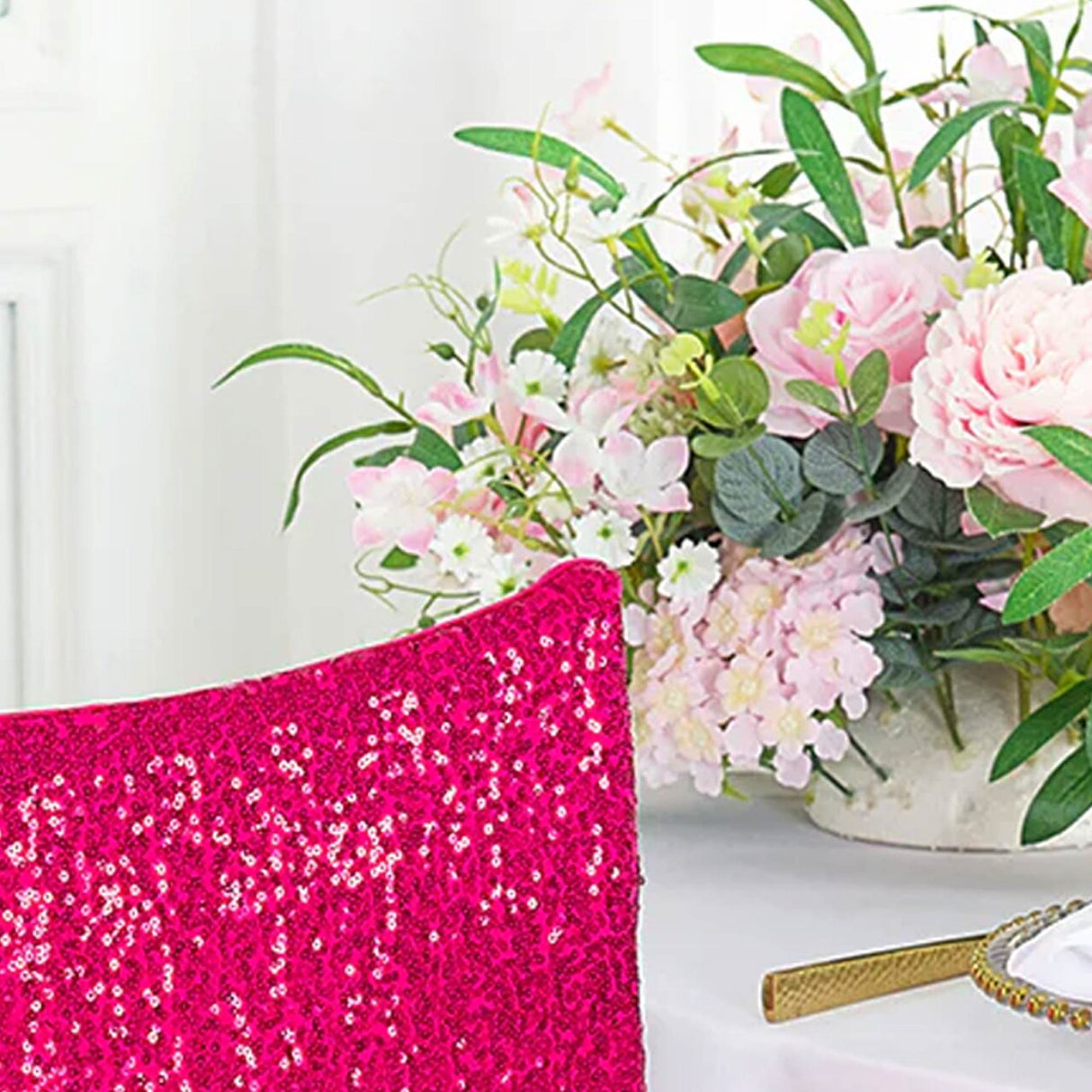 1 Piece Fuchsia Sequin Spandex Chair Cap 13.5 inch by 10 inch Wedding Party Decor