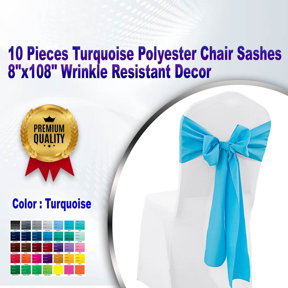 10 Pieces Turquoise Polyester Chair Sashes 8"x108" Wrinkle Resistant Decor