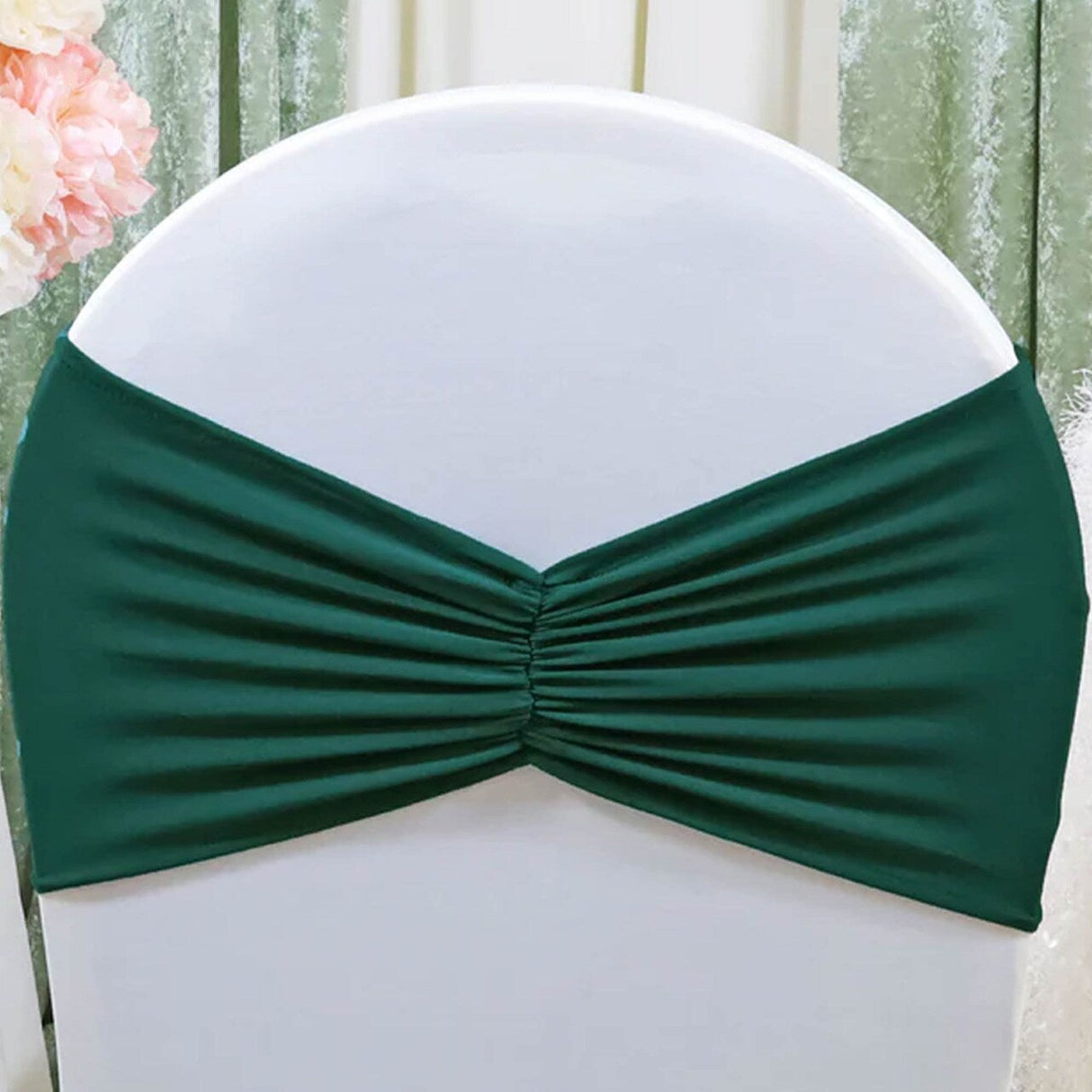 10 Pieces Hunter Green Ruffled Spandex Chair Bands for Classic Event Decor 8x13 inches