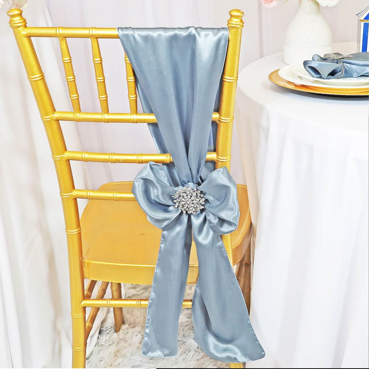 10 Pieces Dusty Blue Satin Chair Sashes 8"x108" Elegant Bow Accents