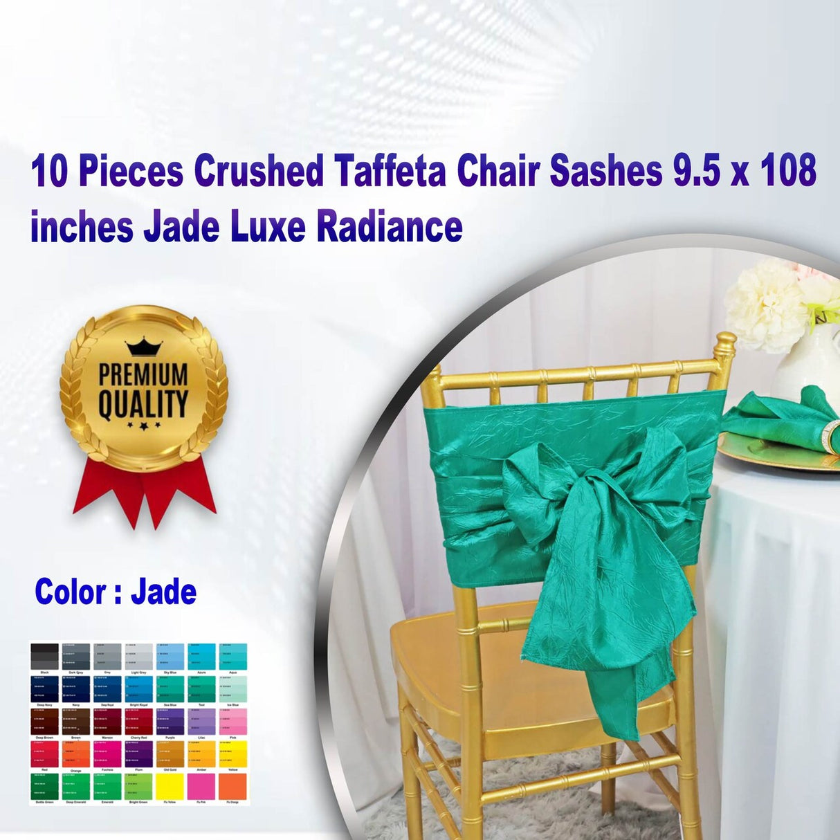 10 Pieces Crushed Taffeta Chair Sashes 9.5 x 108 inches Jade Luxe Radiance