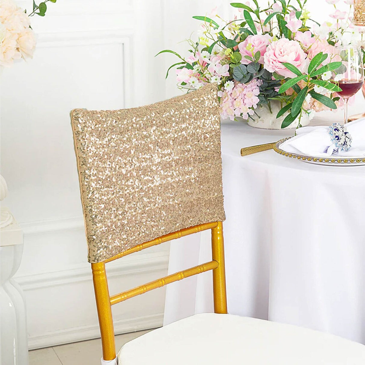 1 Piece Champagne Gold Sequin Spandex Chair Cap 13.5 inch by 10 inch Wedding Cover
