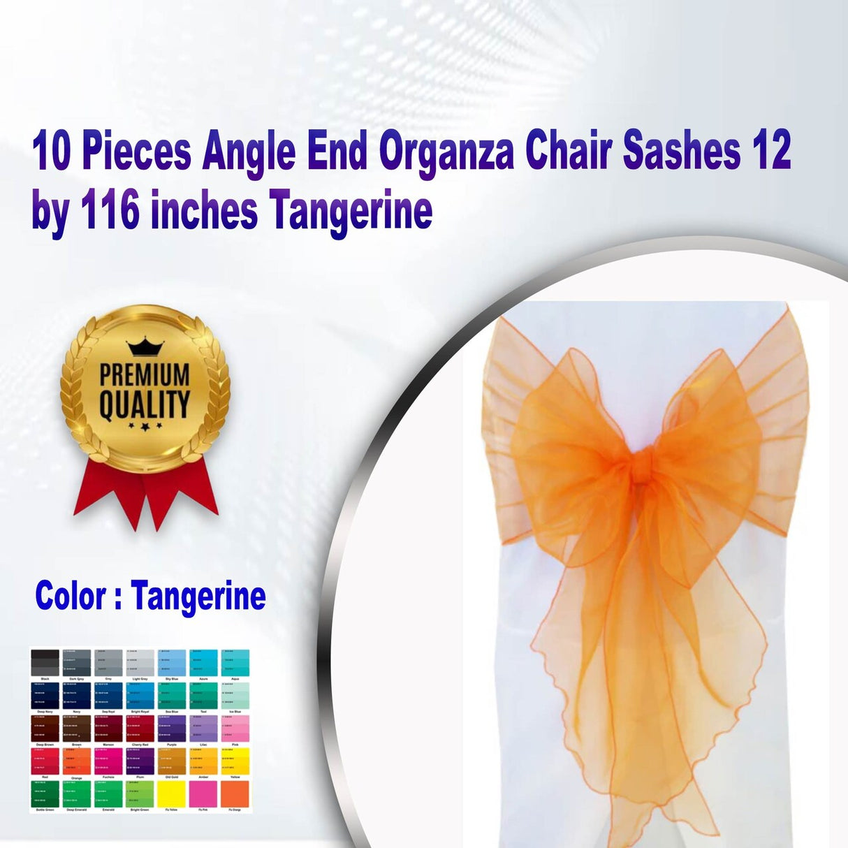 10 Pieces Angle End Organza Chair Sashes 12 by 116 inches Tangerine