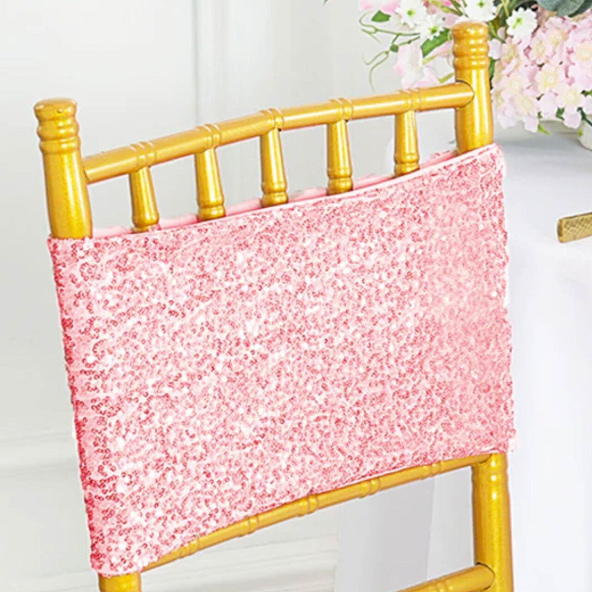 10 Pieces Sparkling Pink Sequin Stretch Spandex Chair Bands 7 x 13 Inches