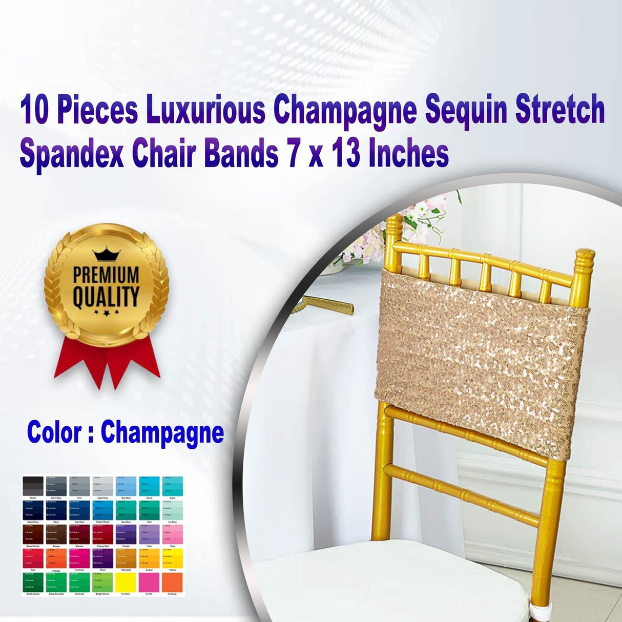 10 Pieces Luxurious Champagne Sequin Stretch Spandex Chair Bands 7 x 13 Inches