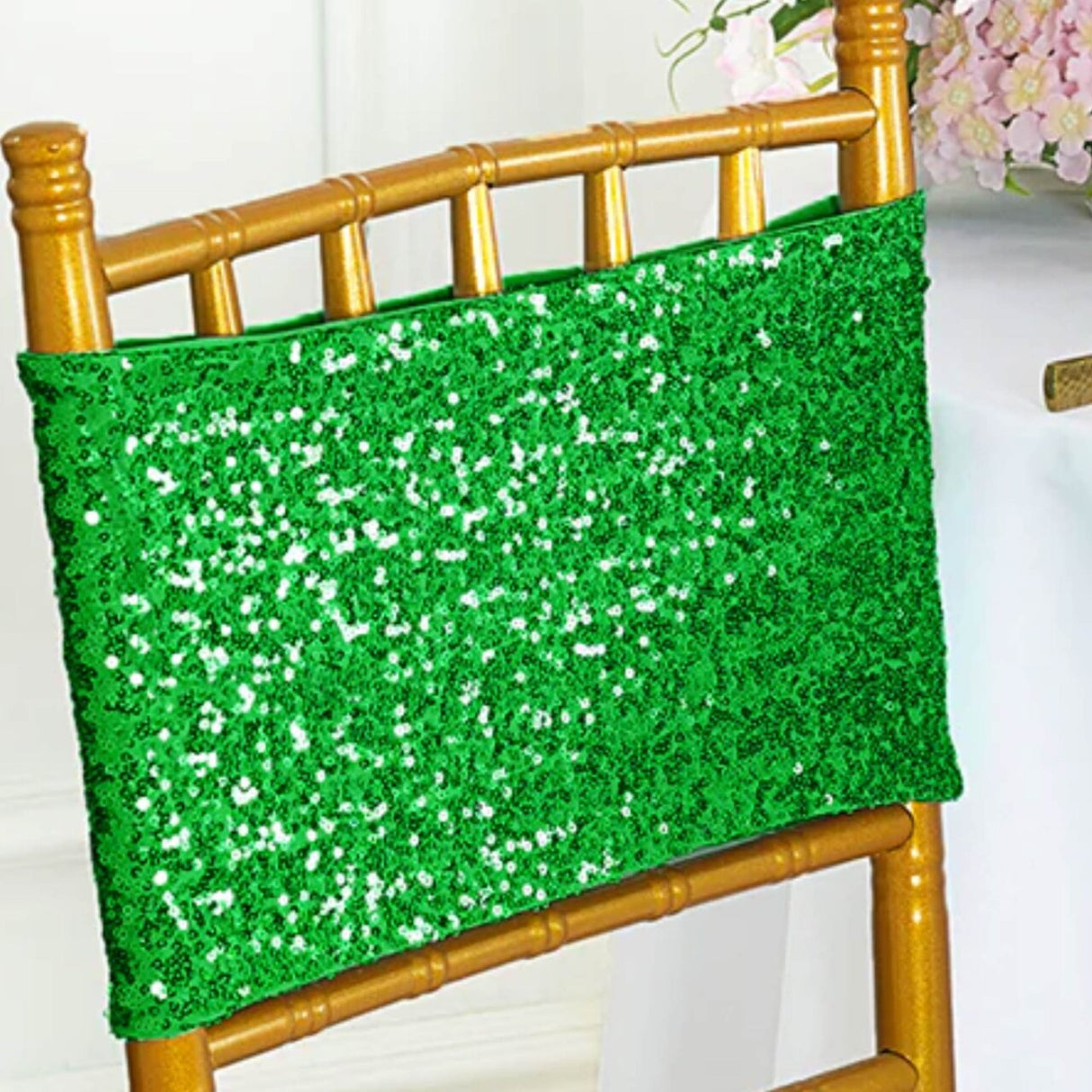 10 Pieces Radiant Emerald Green Sequin Stretch Spandex Chair Bands 7 x 13 Inches