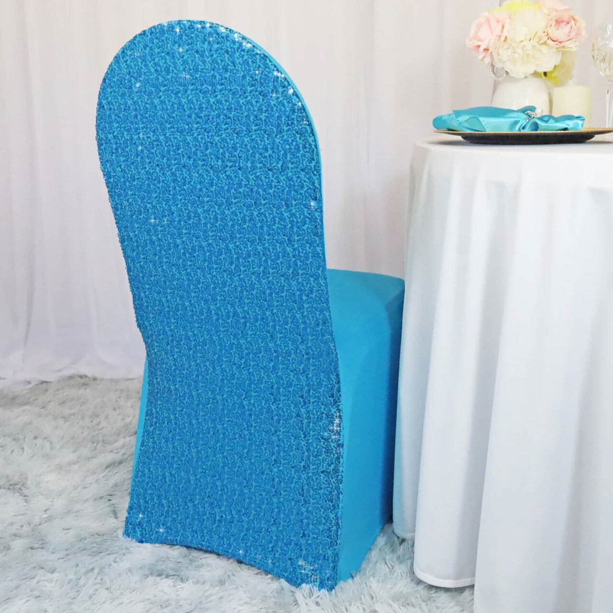 1 Piece Sequin Spandex Banquet Chair Cover Turquoise Stretch Sparkle Wedding Event Decor