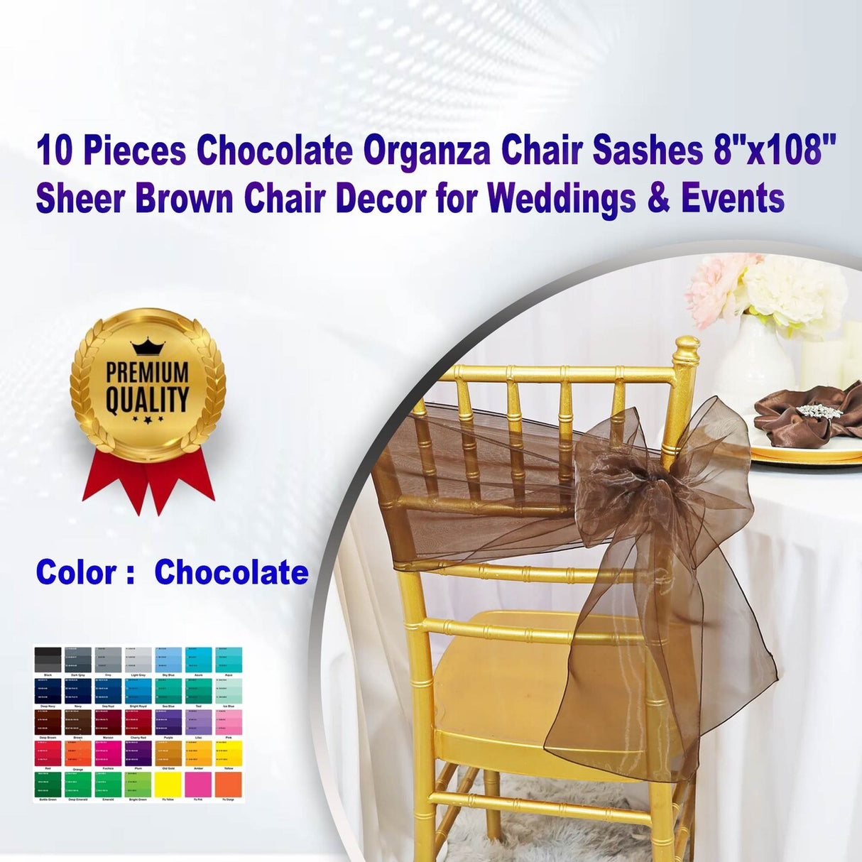 10 Pieces Chocolate Organza Chair Sashes 8"x108" Sheer Brown Chair Decor for Weddings & Events