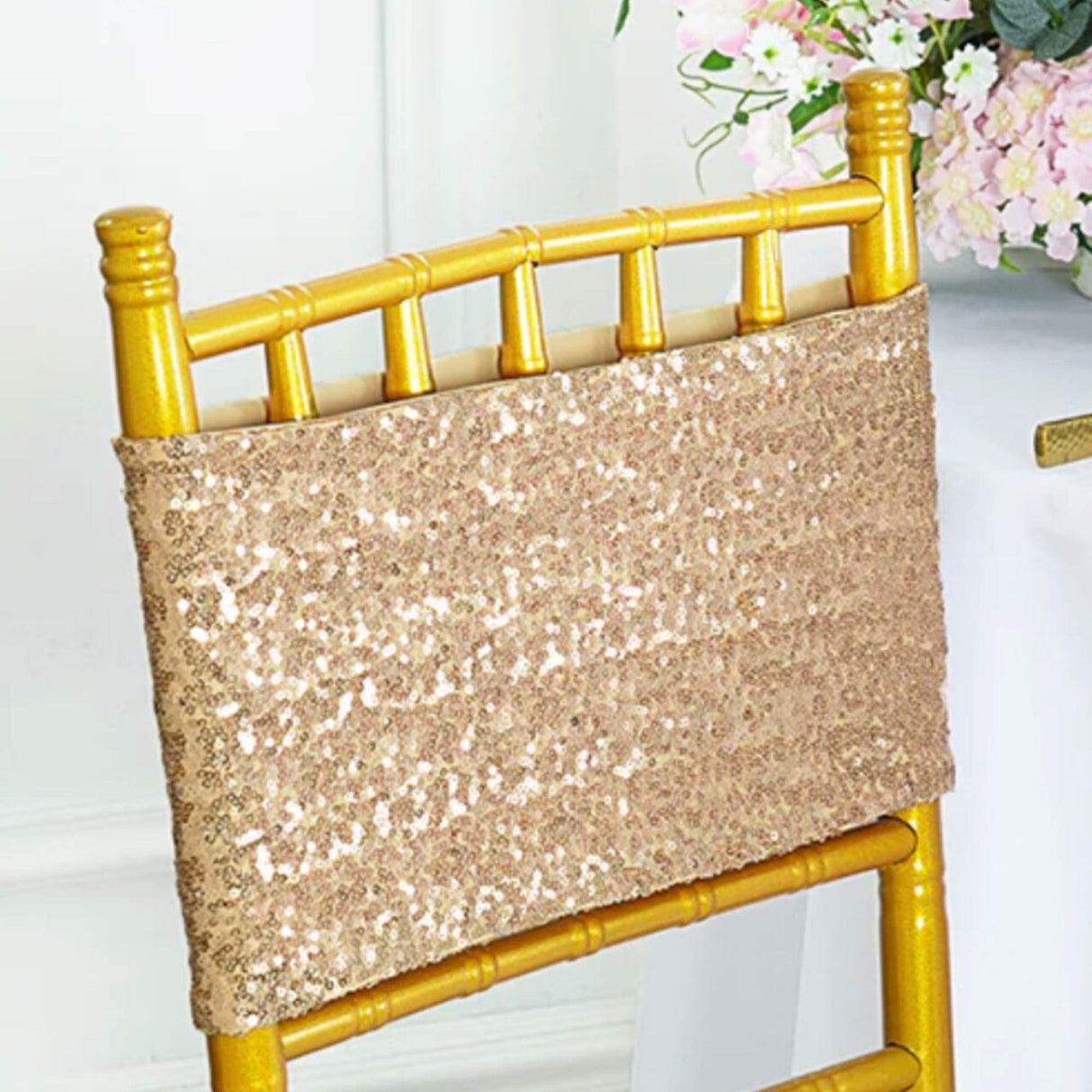10 Pieces Luxurious Champagne Sequin Stretch Spandex Chair Bands 7 x 13 Inches