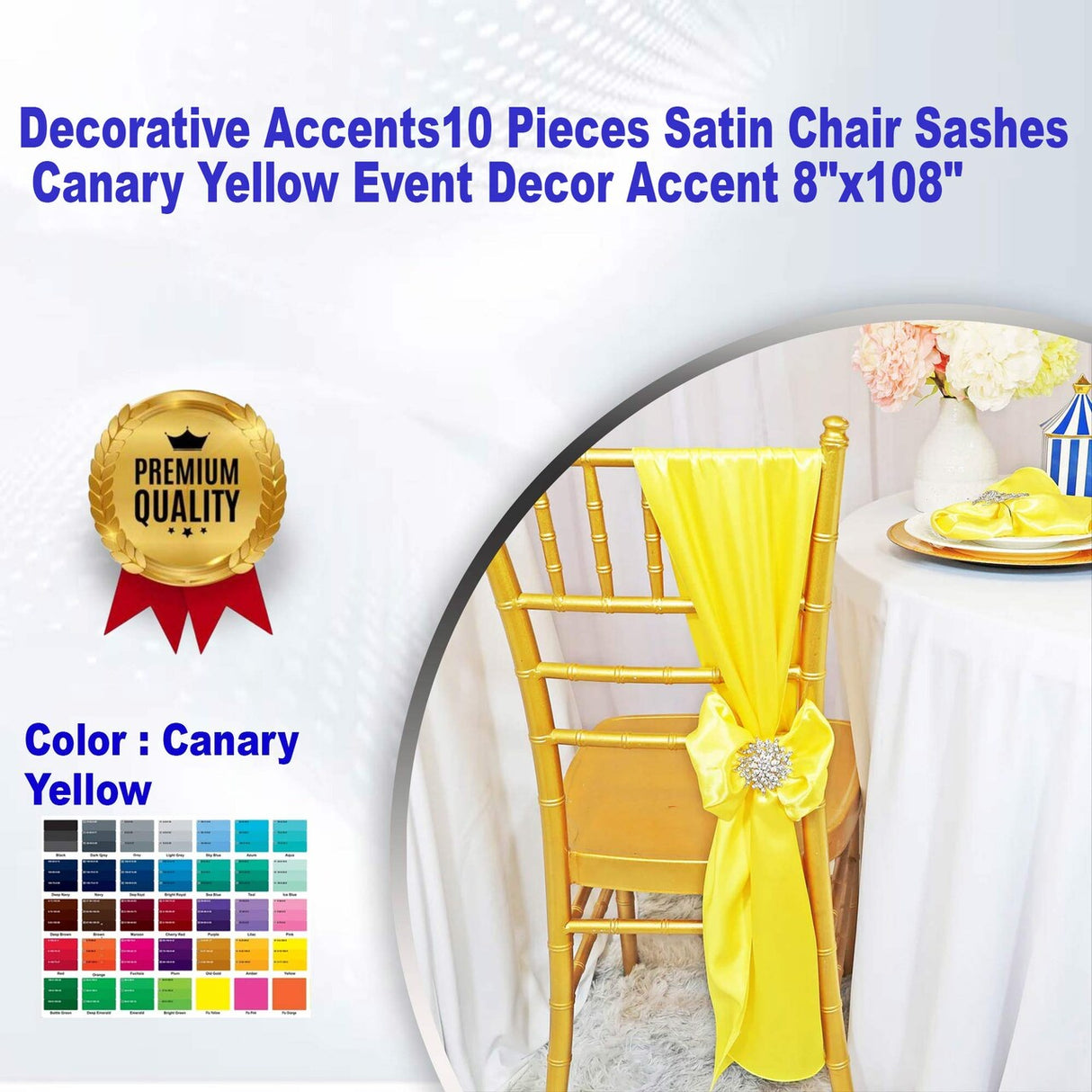 Decorative Accents10 Pieces Satin Chair Sashes Canary Yellow Event Decor Accent 8"x108"