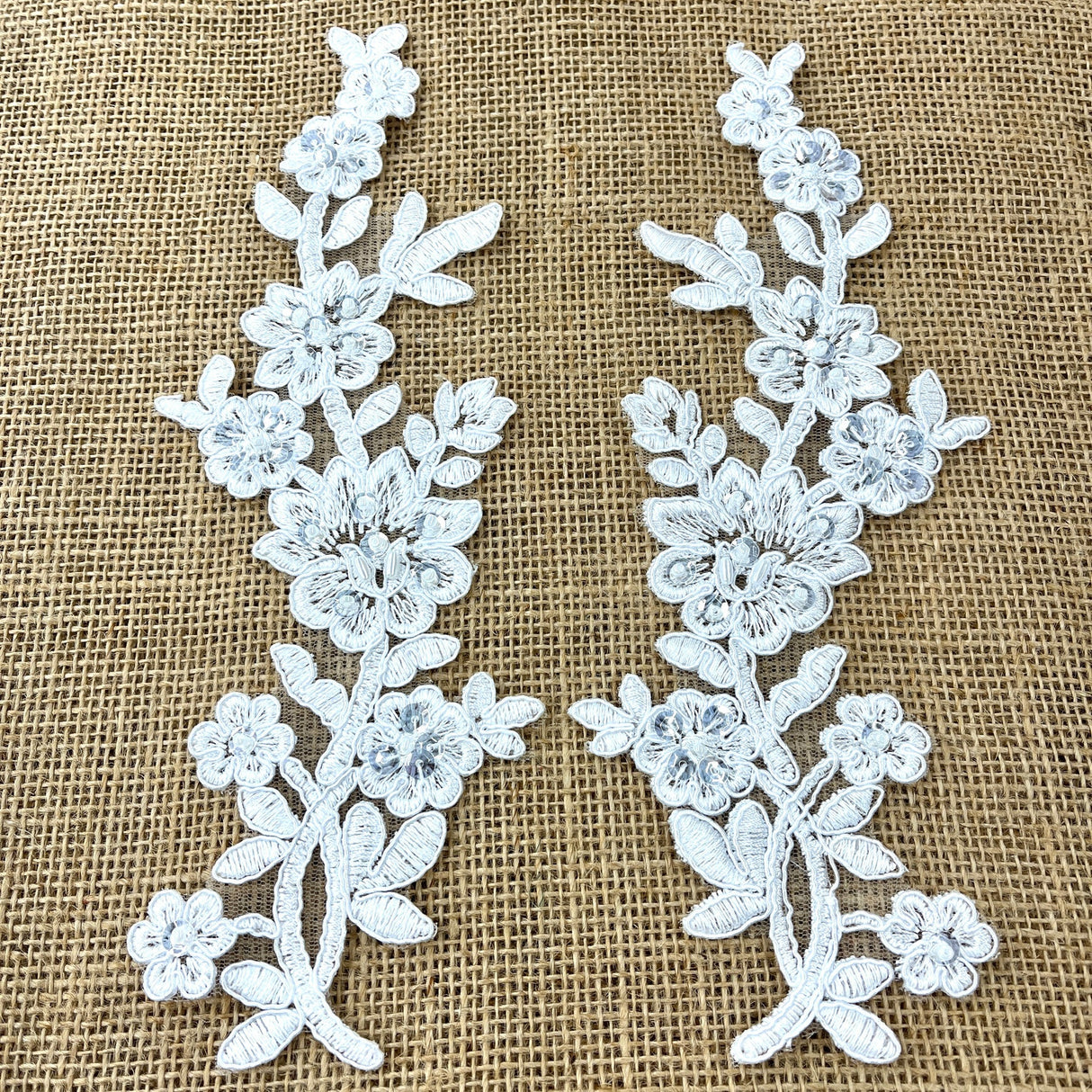 1 Pair Beaded & Corded Floral Lace Applique 10" x 2" Each Side