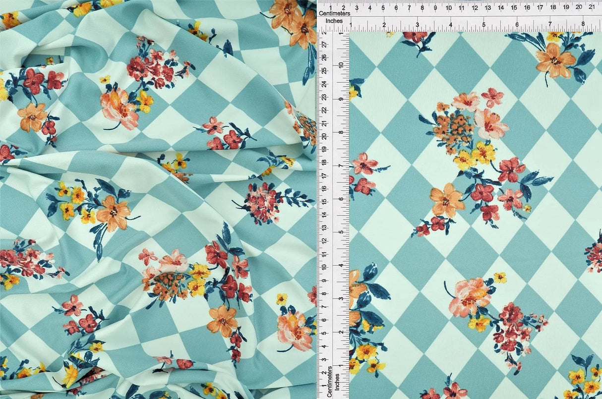 DTY Argyle Floral Knit Fabric, Sage Light Stretch Flower Print 58/60" Wide