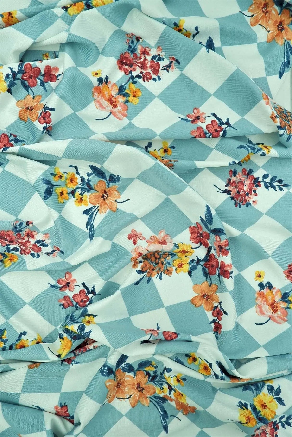 DTY Argyle Floral Knit Fabric, Sage Light Stretch Flower Print 58/60" Wide