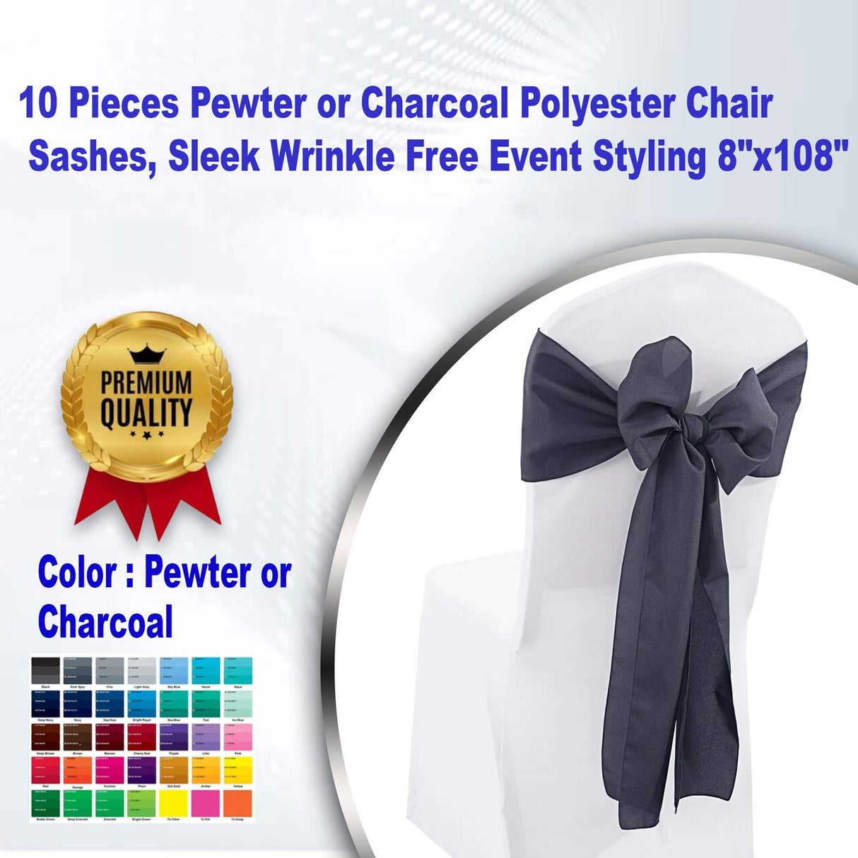 10 Pieces Pewter Charcoal Polyester Chair Sashes, Sleek Wrinkle Free Event Styling 8"x108"