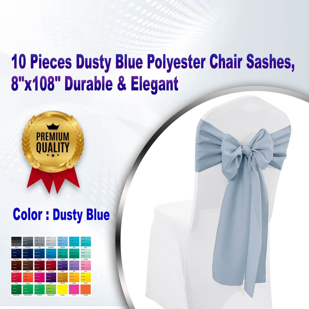 10 Pieces Dusty Blue Polyester Chair Sashes, 8"x108" Durable & Elegant