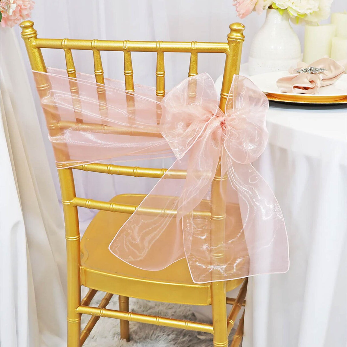 10 Pieces Blush Pink Or Rose Gold Organza Chair Sashes 8"x108" Sheer Elegant Chair Decor for Weddings & Events