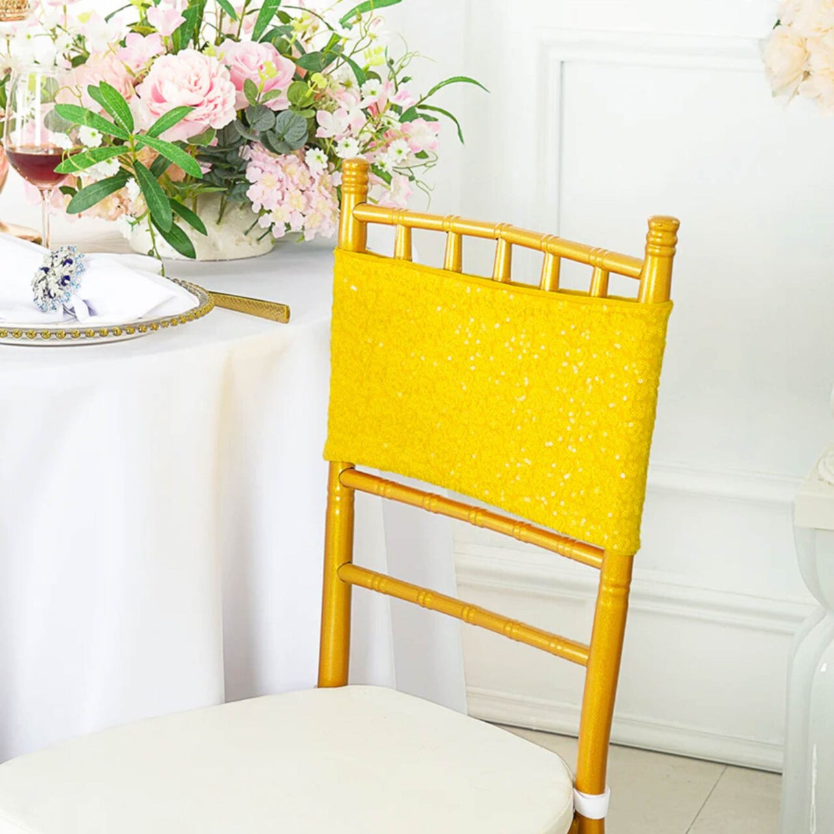 10 Pieces Luxurious Champagne Sequin Stretch Spandex Chair Bands 7 x 13 Inches