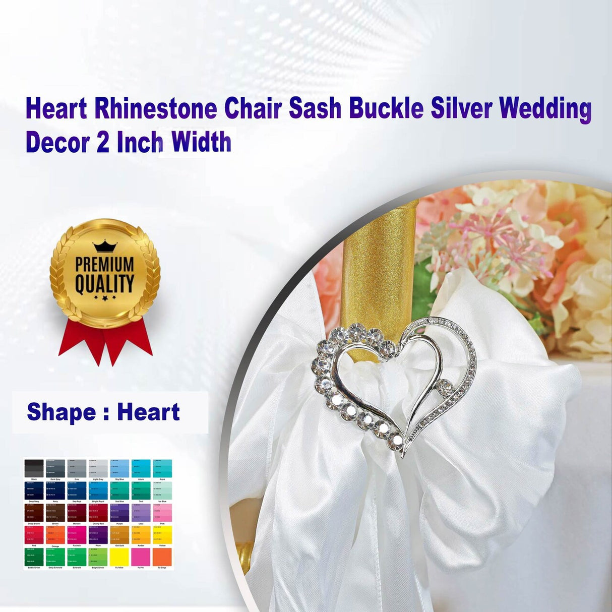 1 Piece Heart Rhinestone Chair Sash Buckle Silver Wedding Decor 2 Inch Width