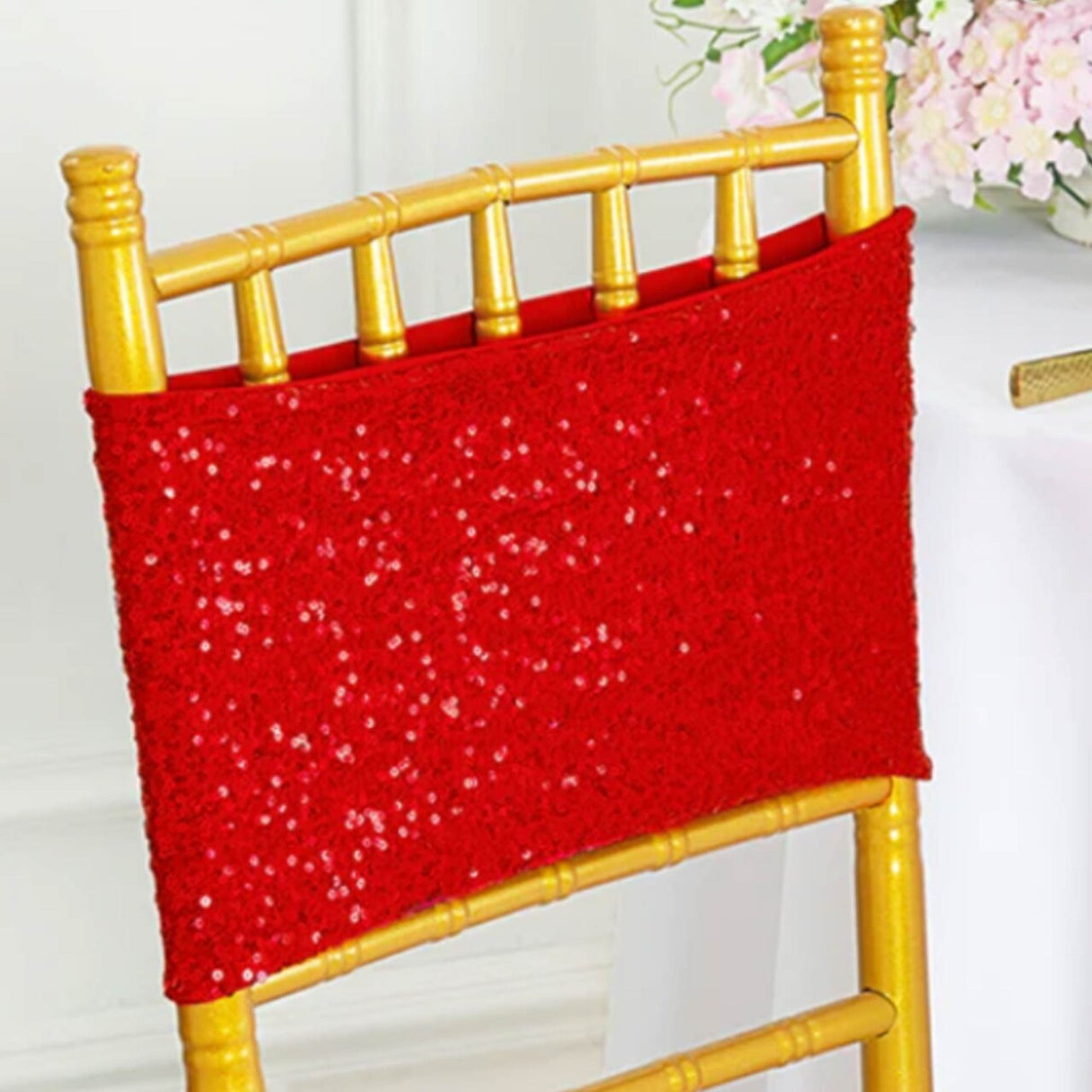 10 Pieces Sparkling Red Sequin Stretch Spandex Chair Bands 7 x 13 Inches