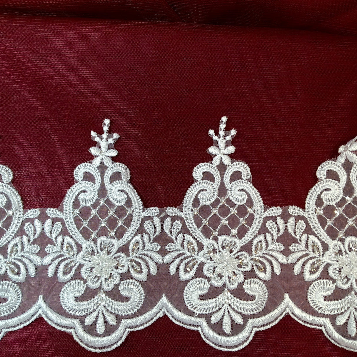 1 Yard Beaded Lace Trimming on Organza | 6" Wide | Handmade Embroidered Trim for Bridal, Gowns & Costumes