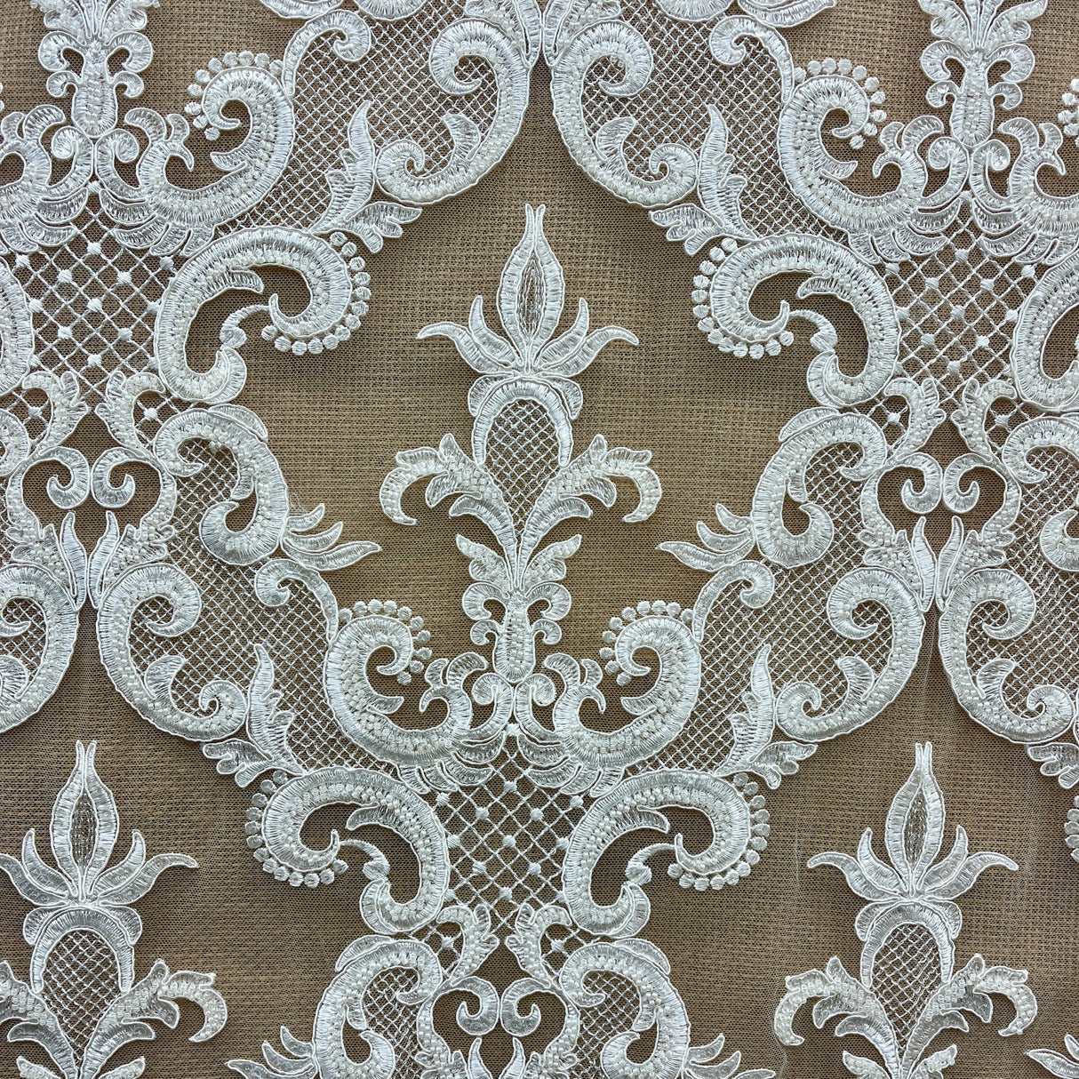 1 Yard Beaded & Corded Bridal Lace Fabric Embroidered on Polyester Net Mesh 53" Wide