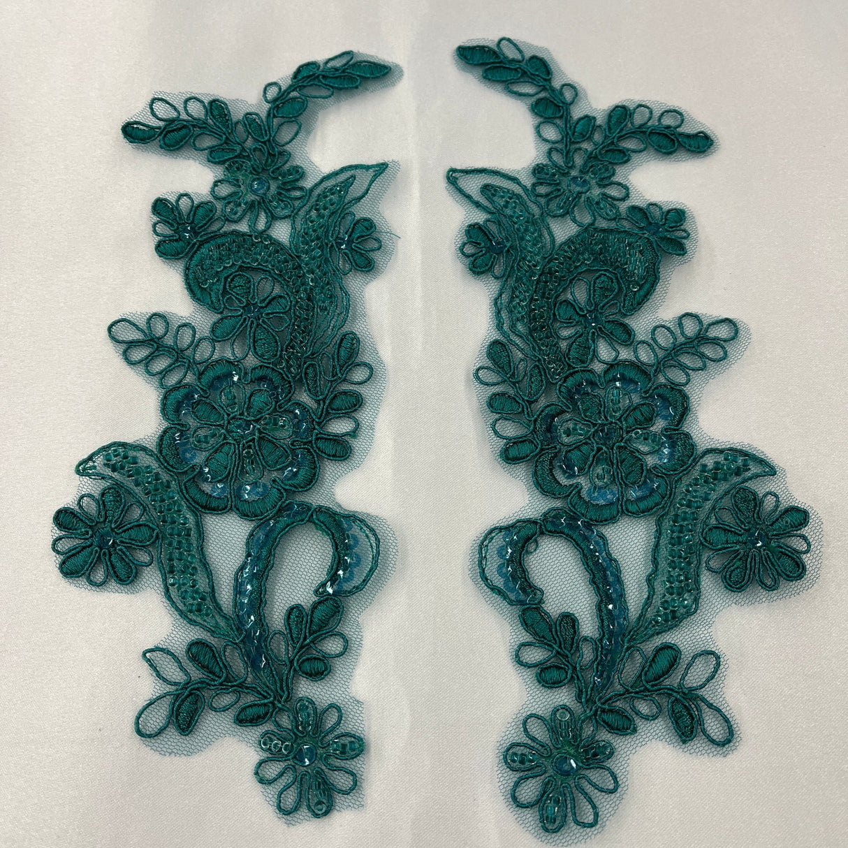 1 Pair Beaded & Corded Floral Lace Applique 9" x 2.5" Each Side