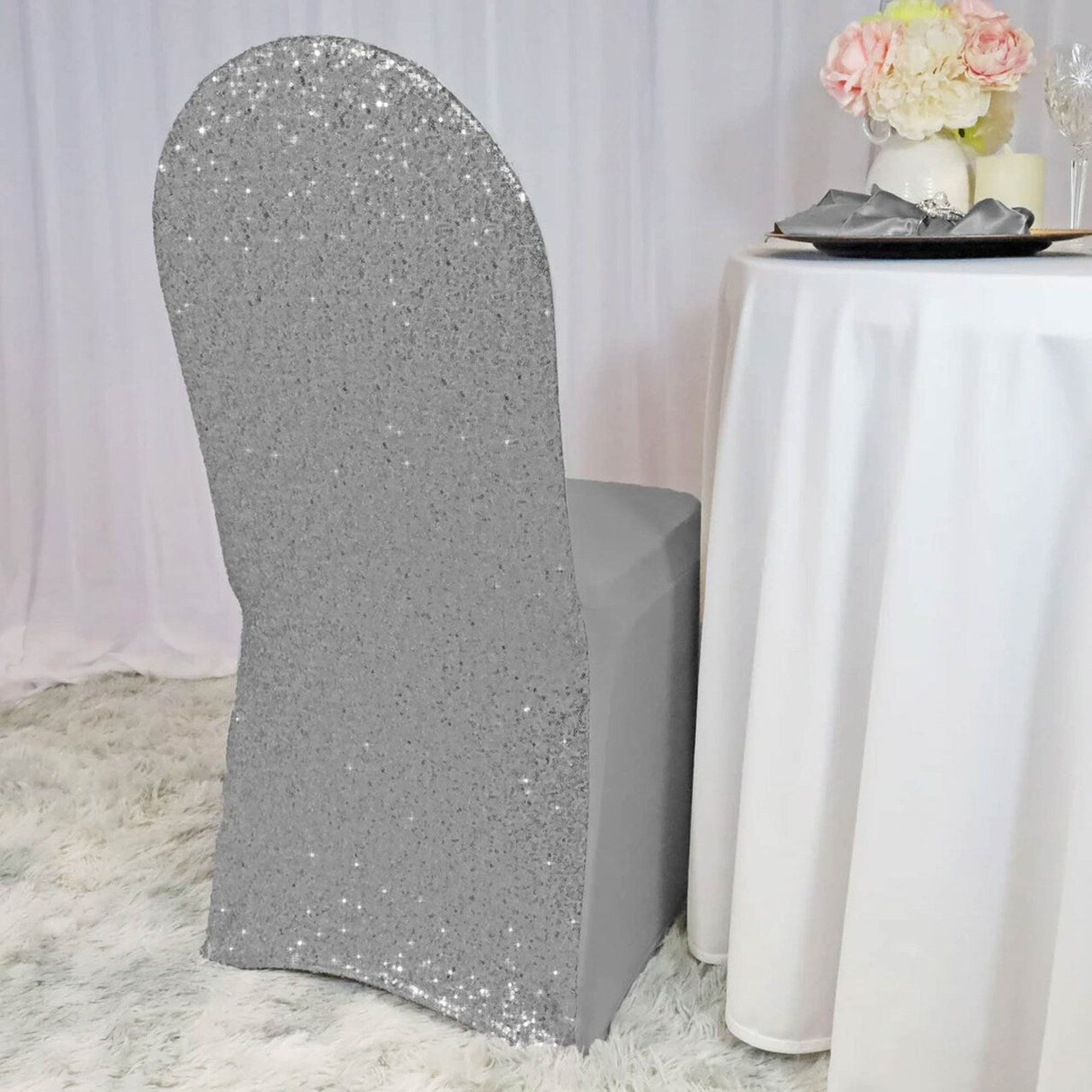1 Piece Sequin Spandex Banquet Chair Cover Silver Stretch Sparkle Elegant Event Decor
