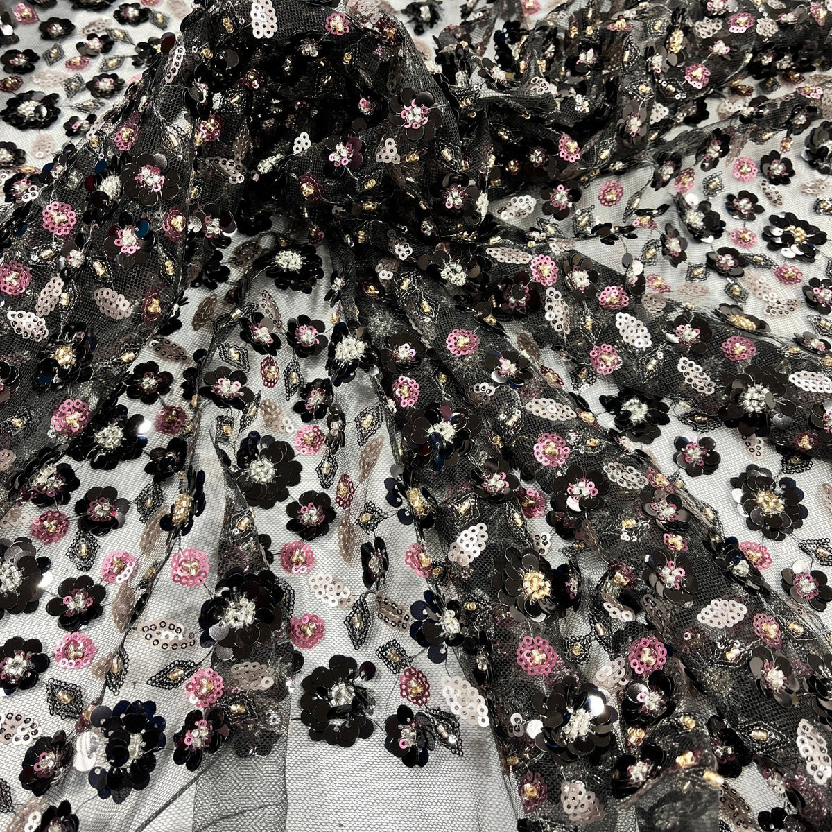 1 Yard Elegant Beaded & Corded Bridal Lace Fabric on 100% Polyester Mesh, Embroidered Floral Design